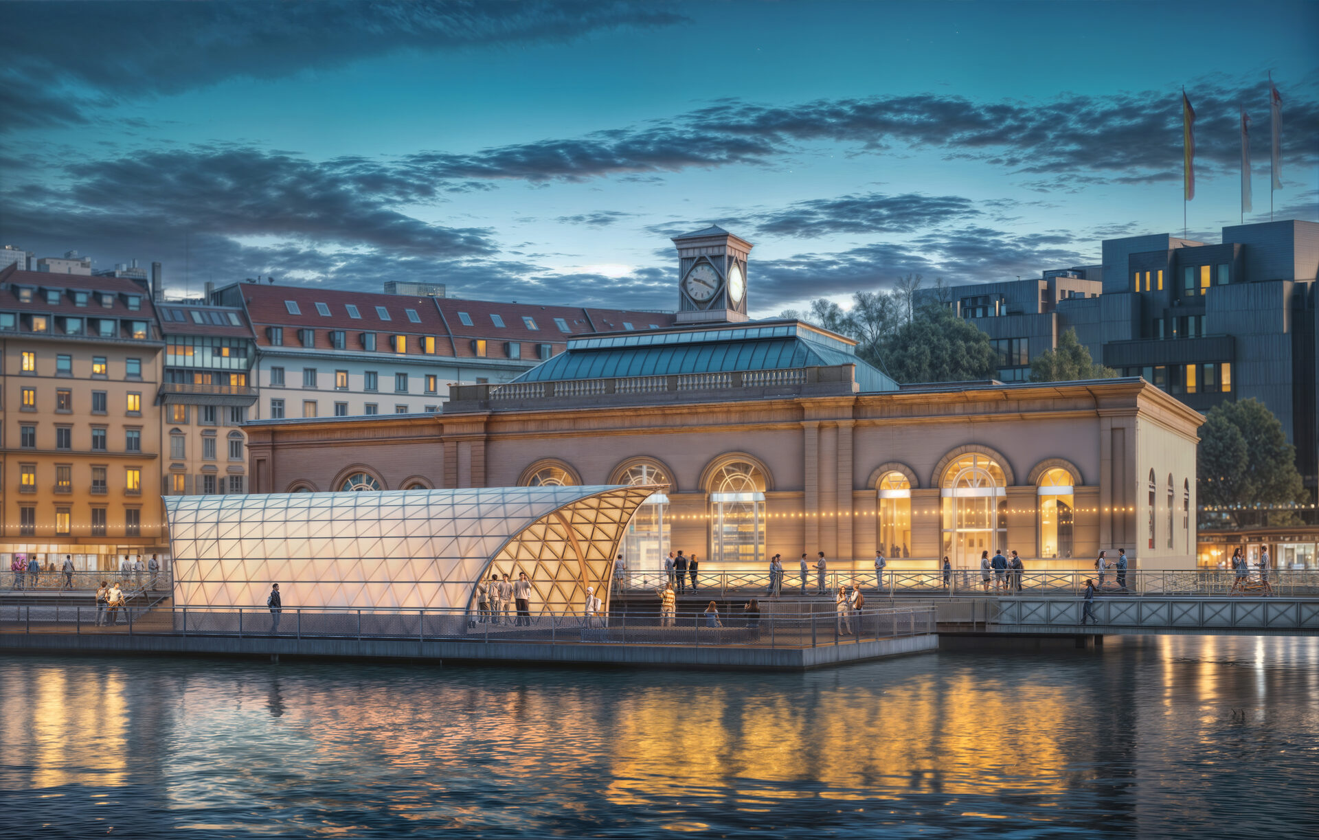Pavillon Shigeru Ban sur la plateforme du Pont de la Machine à Genève, vue de nuit