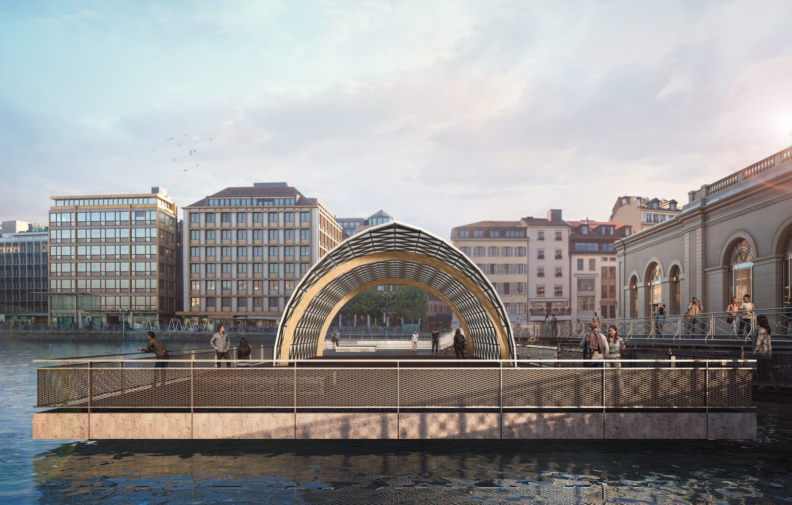 Vue du pavillon Shigeru Ban — pavillon déployé sur la plateforme du Pont de la Machine